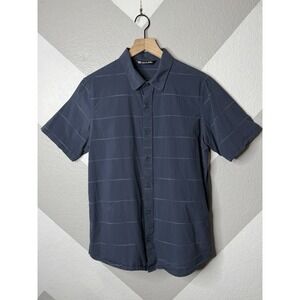 Travis Mathew Mens Blue Striped Short Sleeve Button Up Shirt Size Medium